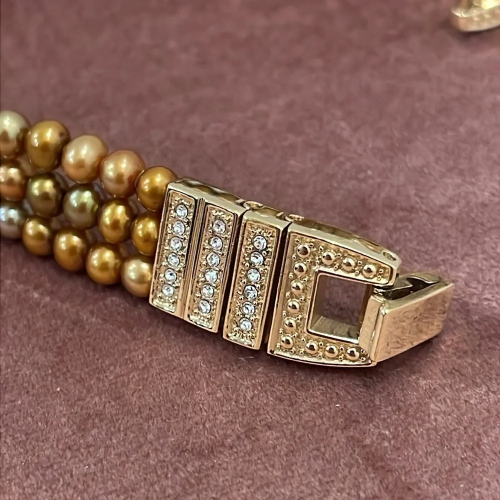 Gold Tone Three Strand Bracelet with Cultured Pearls and Rhinestones